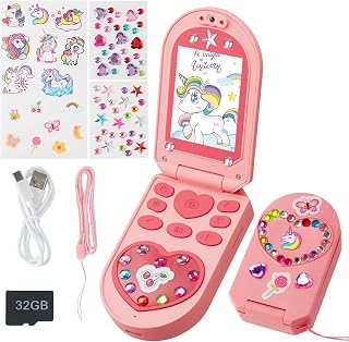 Téléphone Portable Enfant, Appareil Photo Enfant avec Double Caméra,Vidéo,Musique,5 Jeux Éducatifs, Cadeau Jouet pour Filles et Garçons de 3 à 7 Ans Inclus Carte SD 32G,Autocollants Animés et Diamants
