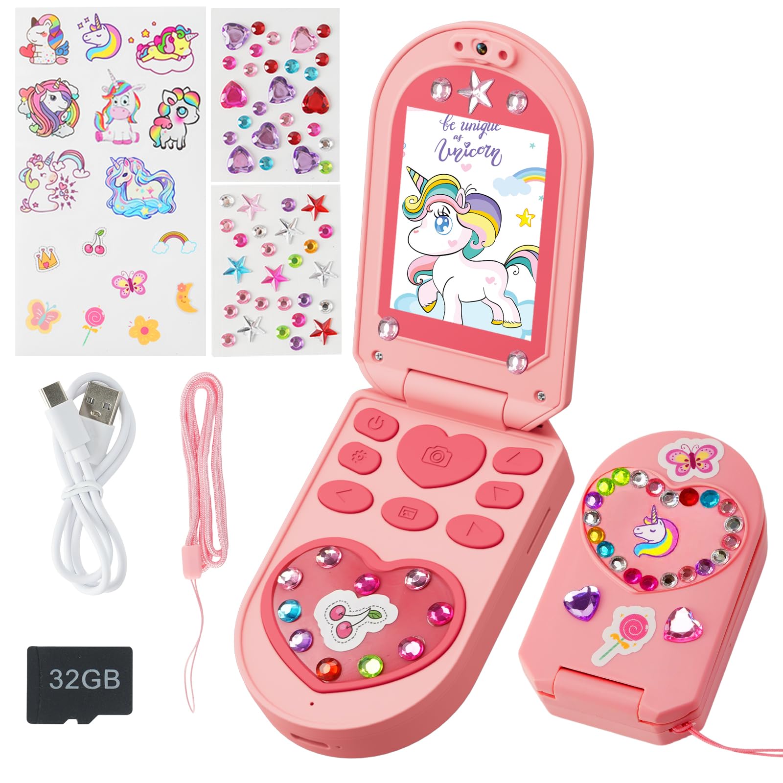 Kids Camera, 3-7 Years Old Girls Gifts, 2.0-inch Flip Phone Digital Camera with 32GB SD Card, DIY Stickers, 1080P Video, Games, Music Player,