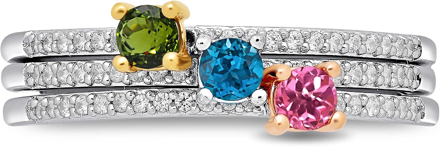 Jewelili Enchanted Disney Fine Jewelry Sterling Silver & 10K Rose & Yellow Gold 3MM Round London Blue Topaz with Pink & Green Tourmaline, 1/5 Cttw White Diamond Aurora 3 Fairy God Mothers Ring