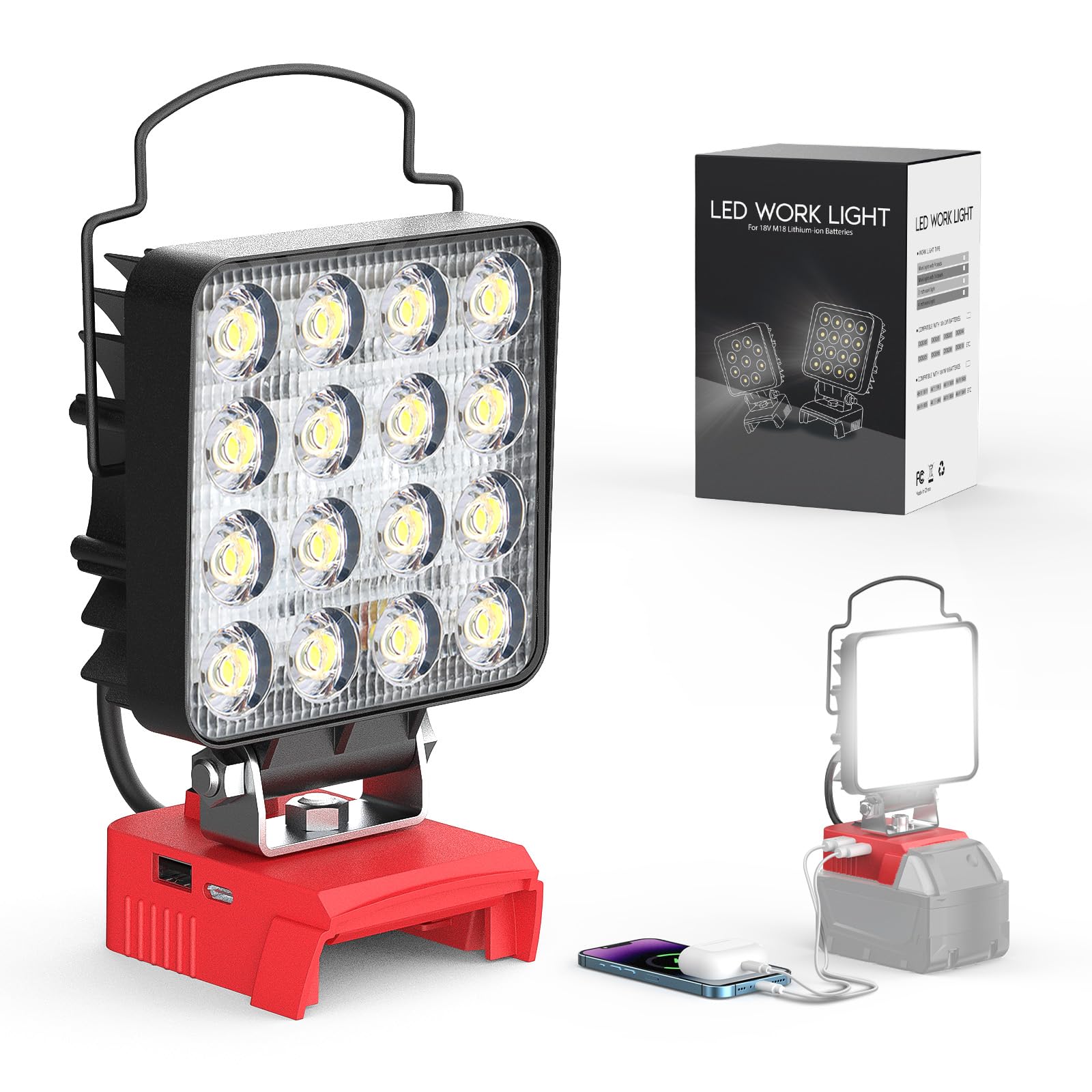 Ecarke Upgrade LED Work Light Compatible with Milwaukee18V Battery, 70W Cordless Work Lights 7000LM of Flashlight Battery Light with Low Voltage Protection & Type-C & USB-A Charger Port