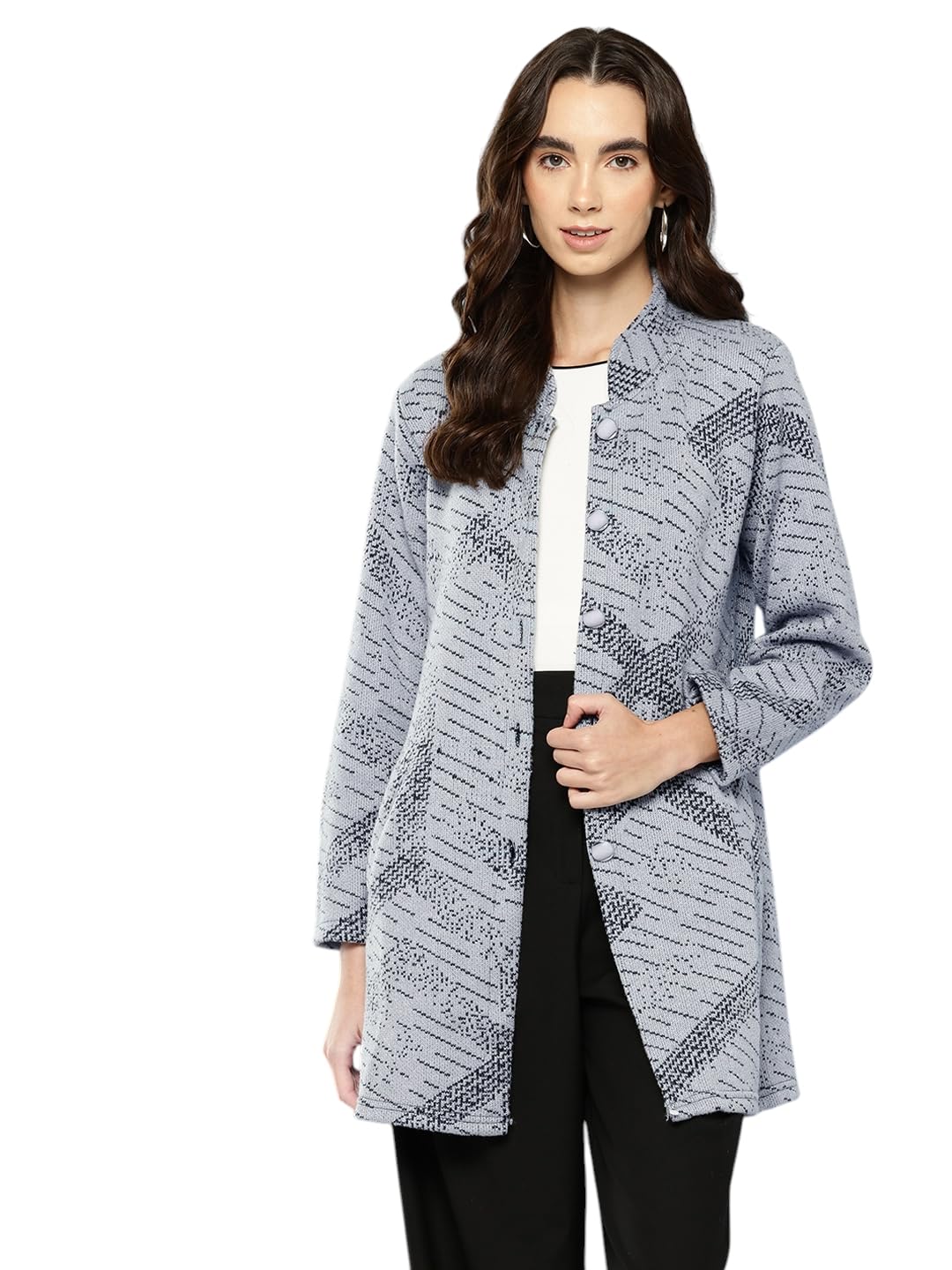 Womens Casual Wear Blue Colour Abstract Woolen Cardigan