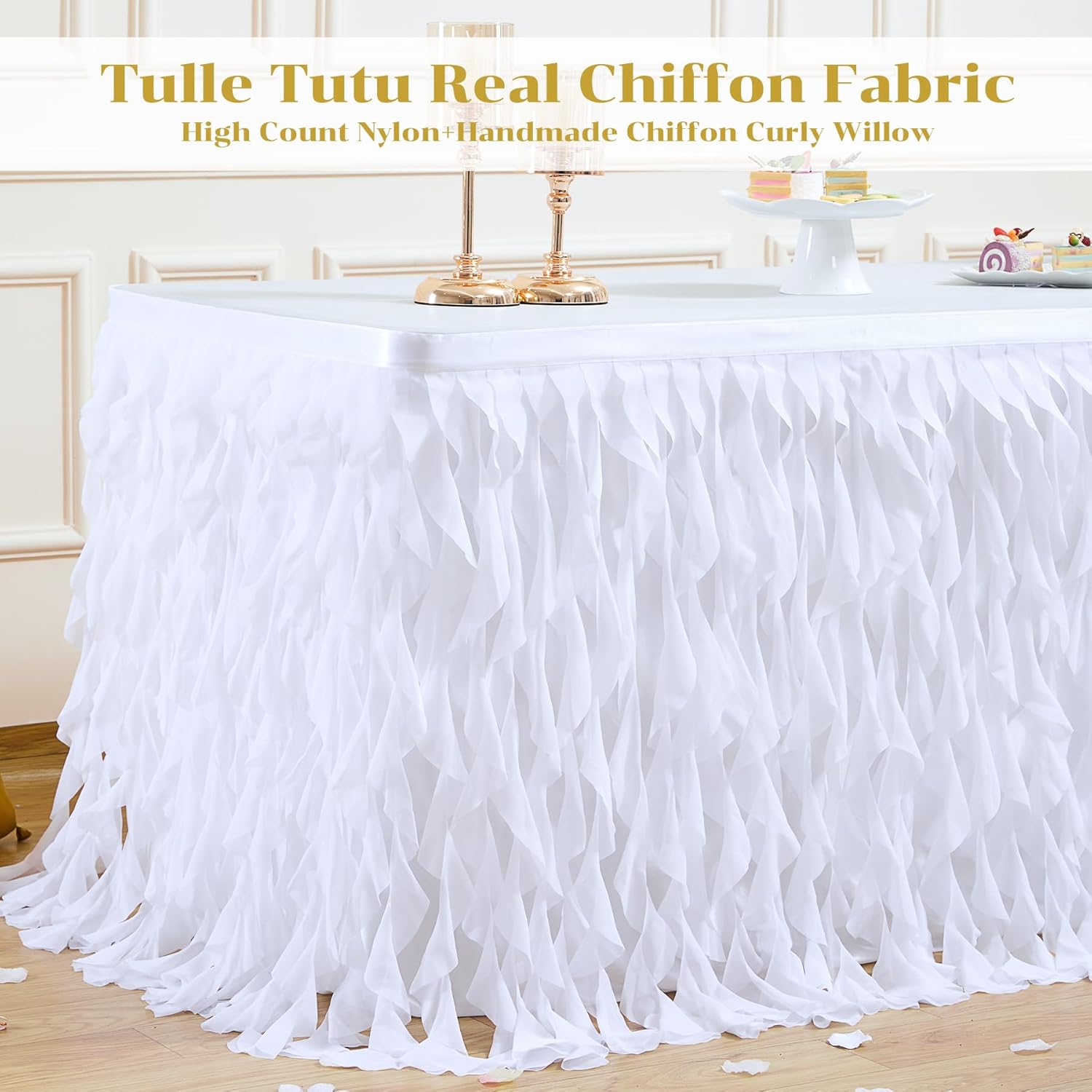 Partisky White Tulle Curly Willow Table Skirt for Rectangle Table 14ft, Ruffle Tutu Table Cloth for Wedding,Bridal Shower, Baby Shower,Birthday Party