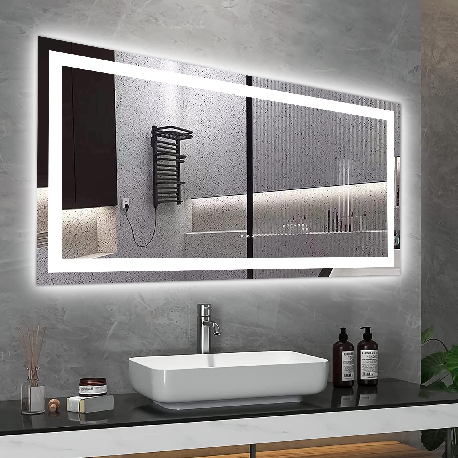 FEMICON LED Bathroom Mirror for Bright, Fog-Free Reflections, Dimmable & Color-Changing, 60x32 Inch Rectangular Glass Design