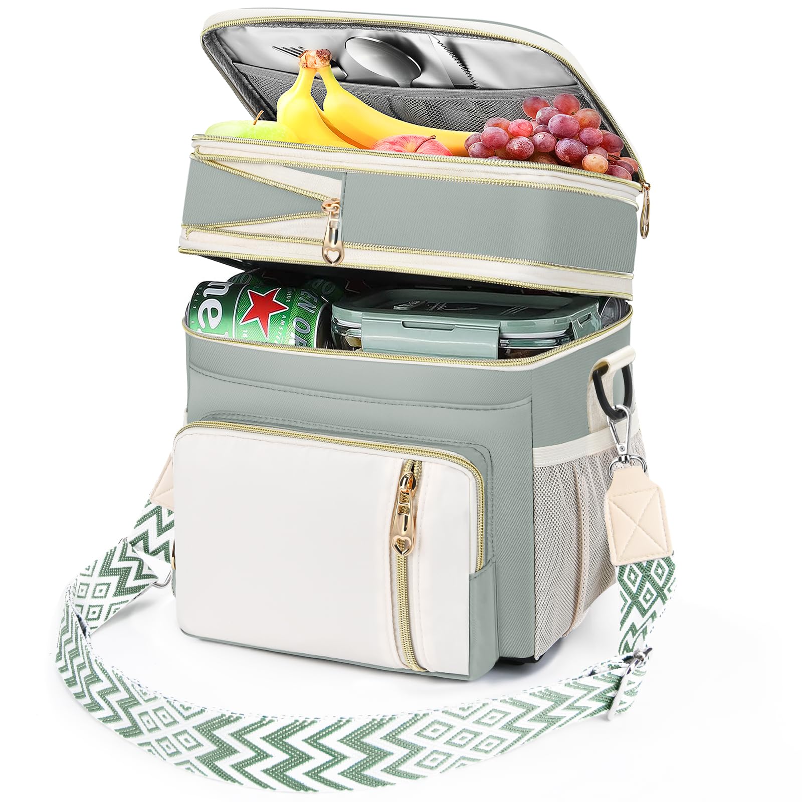 LOKASS Lunch Box for Women-16L-Insulated Lunch Bag Women, Expandable Double-layer Leakproof Cooler Bag with Upgrade Adjustable Shoulder Strap Ideal for Work/Travel/Picnics?Olive Green?