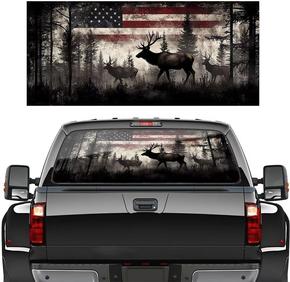 American Flag Deer Window Decals for Vehicles,Patriotic Window Vinyl Stickers Vehicle Windshield Decal,Automotive Perforated Windshield Film Graphic Decal for Car Decor,66"x 20"