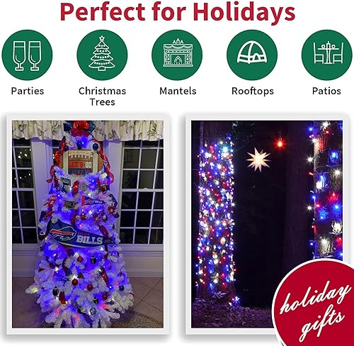 Miniatura 7 de LAMPHOME Tira de luces patrióticas  Miniluces de color rojo, blanco y azul con cable blanco  31.9 pies, 300 luces de cadena con certificación UL