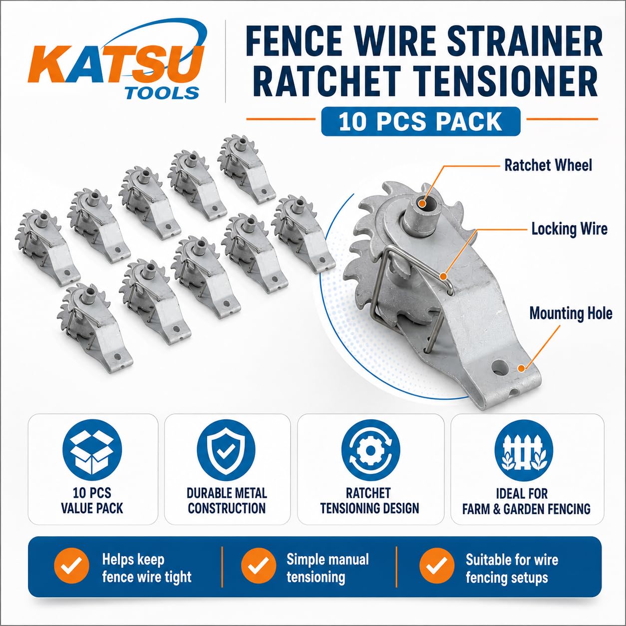 KATSU 10X Tendeur de fil de clôture électrique, Tendeur à Cliquet de Clôture en Ligne Robuste de Alliage d'Aluminium, Crépine de fil de Clôture pour Bétail Ferme Jardin 667212