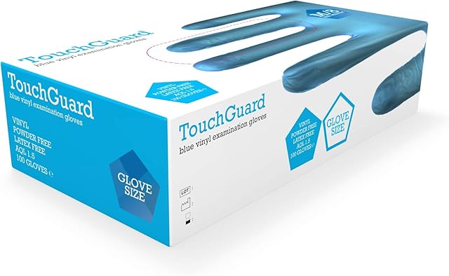 TouchGuard Blue Vinyl Disposable Gloves, Powder-Free, Box of 100, Small