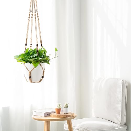 Miniatura 3 de Mkono Juego de 2 colgadores de macramé para plantas de 35 y 43 pulgadas, cesta colgante de yute para interiores con cuentas de madera, soporte