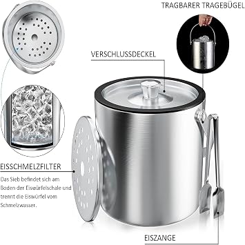 Ice Cube Tray, Round Ice Container with Strainer and Ice Tongs, 2 L Ice Cube Tray, Stainless Steel Ice Tray, Ice Cube Cooler for Bar, Party, for Storing Ice and Cooling Drinks