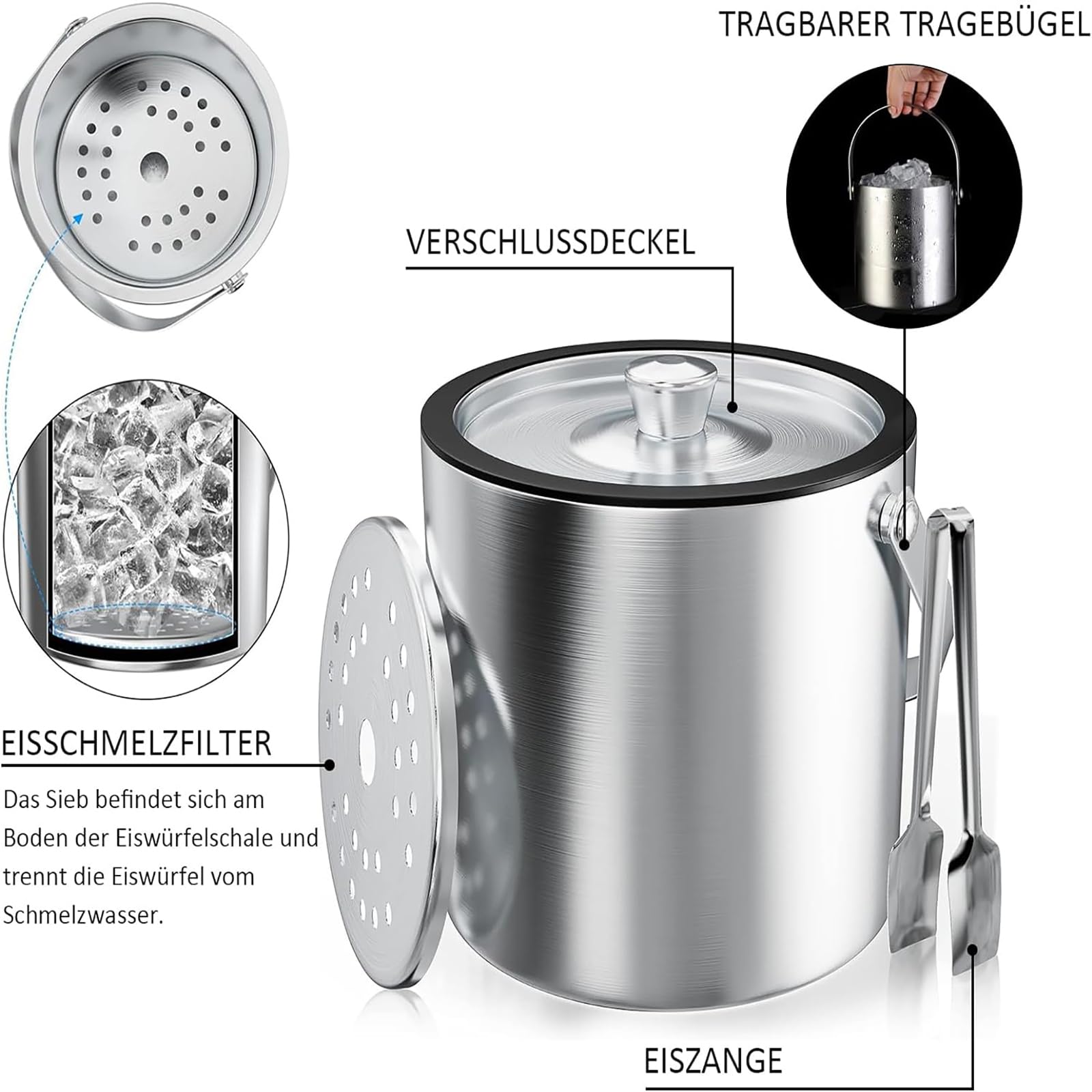 Secchiello Ghiaccio, Secchiello per ghiaccio Rotondo con Pinze per Ghiaccio, Contenitore per Cubetti di Ghiaccio da 3 Litri, Secchiello per Ghiaccio a Doppia Parete Isolato in Acciaio Inox con Paletta