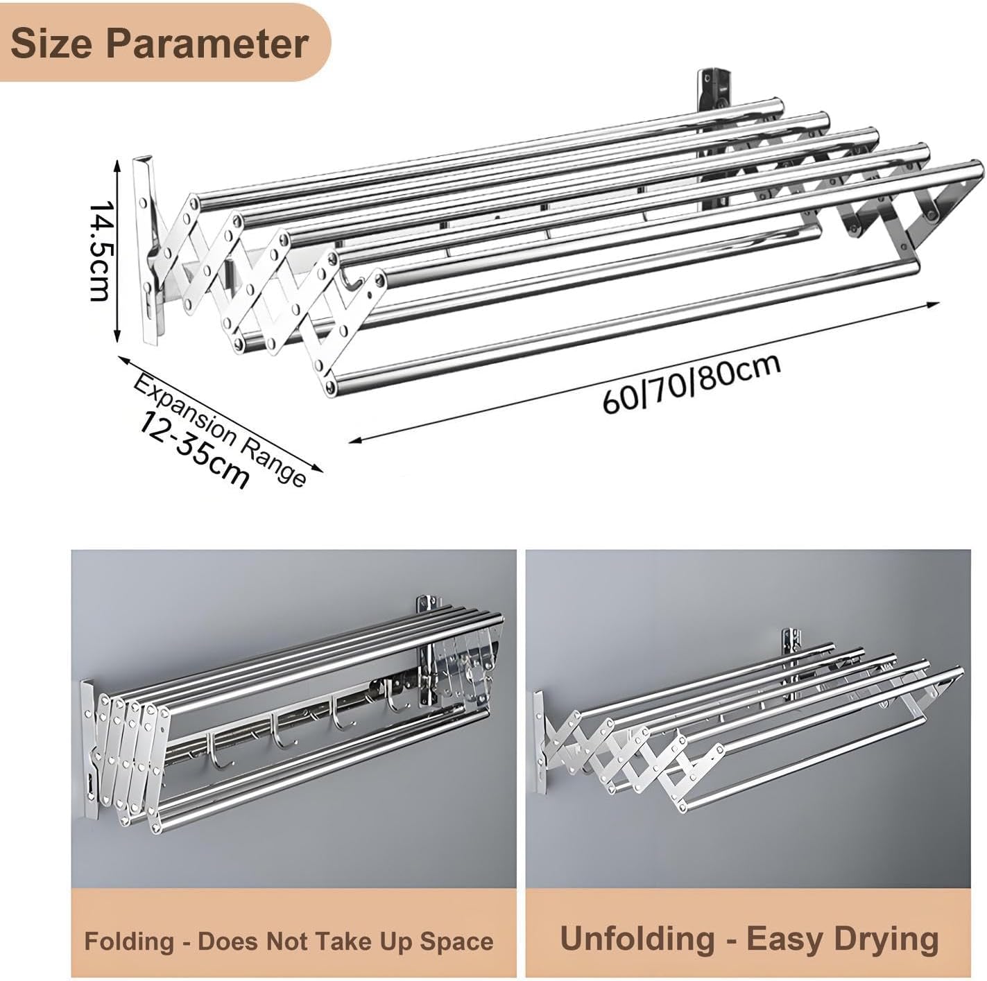 Wall Mounted Foldable Laundry Drying Rack Extendable Stainless Steel Clothes Drying Stand for Indoor/Outdoor Space Saving Balcony Bathroom Clothesline(Silver-80Cm)