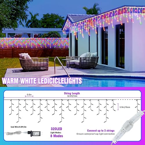 Miniatura 7 de 320 luces LED blancas de carámbanos impermeables para exteriores, 32.8 pies, luces de Navidad conectables con control remoto y temporizador, 8 modos
