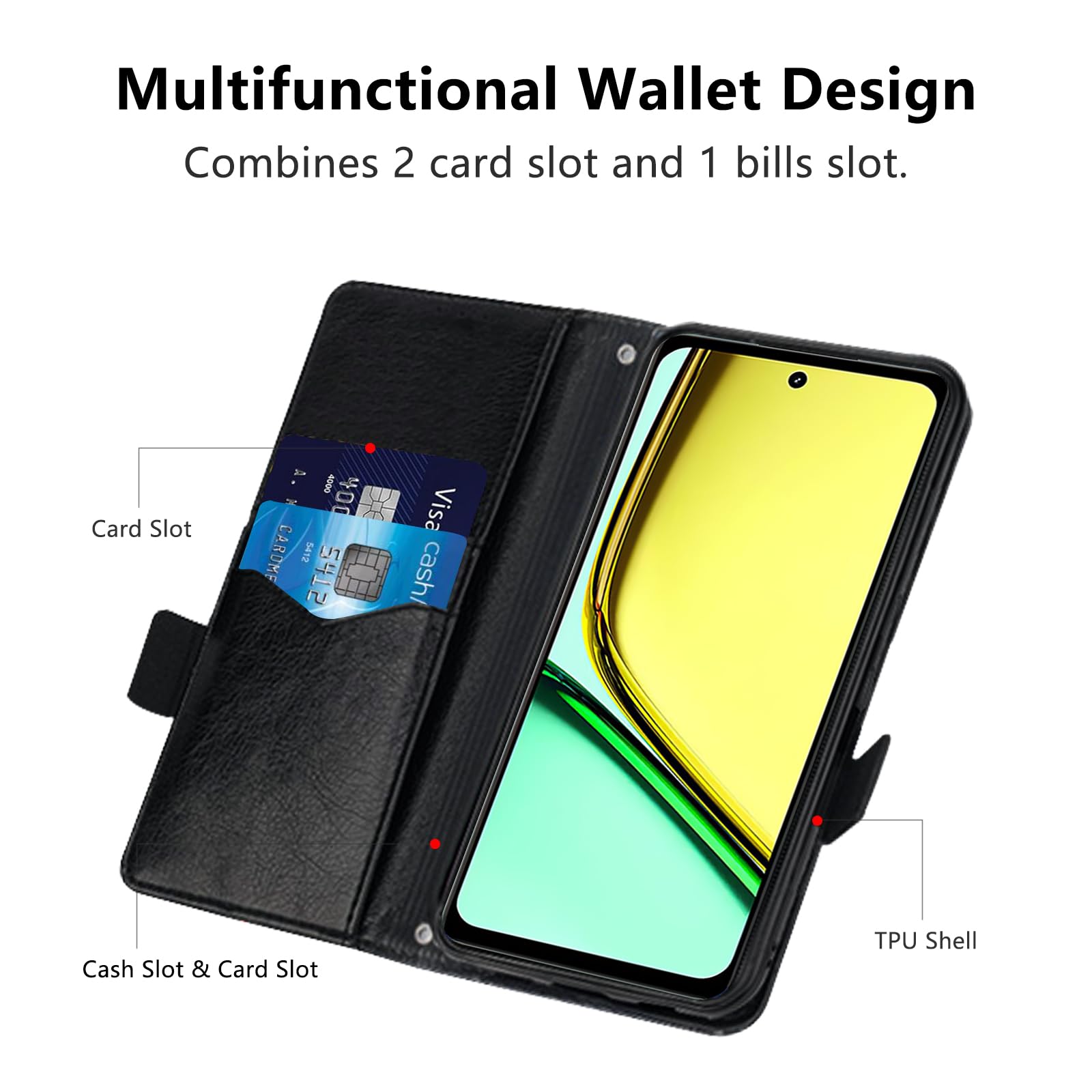 MAMA MOUTH Cover Per Realme C67 4G, Custodia Flip Pelle Portafoglio, Magnetica Libro Slot Schede Cover Per Realme C67 4G, Silicone TPU Bumper Wallet Supporto Antiurto Case Per Realme C67 4G Nero