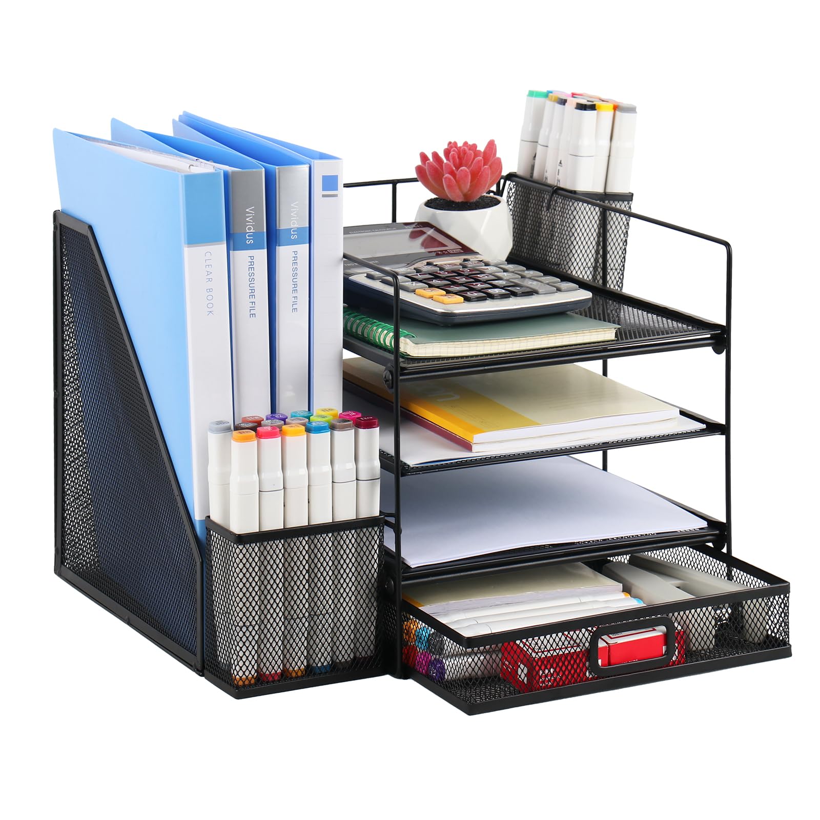ASHARE Desk Organizer with File Holder Mesh Letter Tray Organizer with Drawer and Pen Holder Desktop Organizer and Storage for Office Home School, Black
