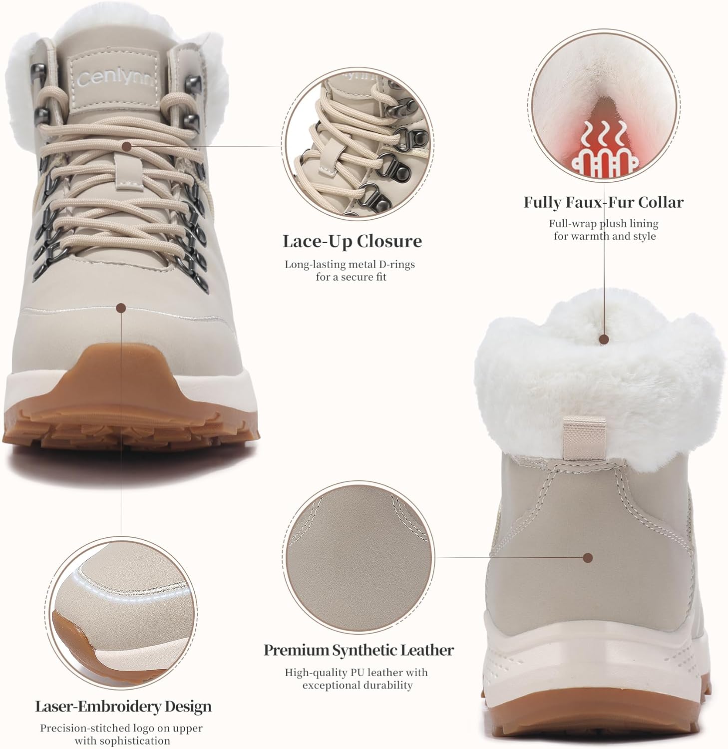 Womens Winter Hiking Boots Fur-Lined Snow Boots Warm Outdoor Shoes