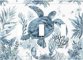 Blue Sea Turtle Coastal Coral Beach Crab Seaweed Decorative Switch Plates 3 Gang Wall Plate Triple Toggle Light Switch Cover Faceplate Electrical Wall Panels for Kids Room Bathroom Decor