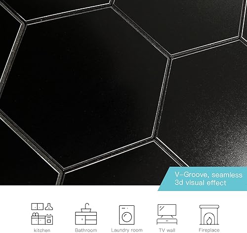 Miniatura 3 de Azulejos hexagonales de 6 hojas para despegar y pegar, azulejos de pared autoadhesivos de metal negro mate con aspecto de cerámica para cocina y baño