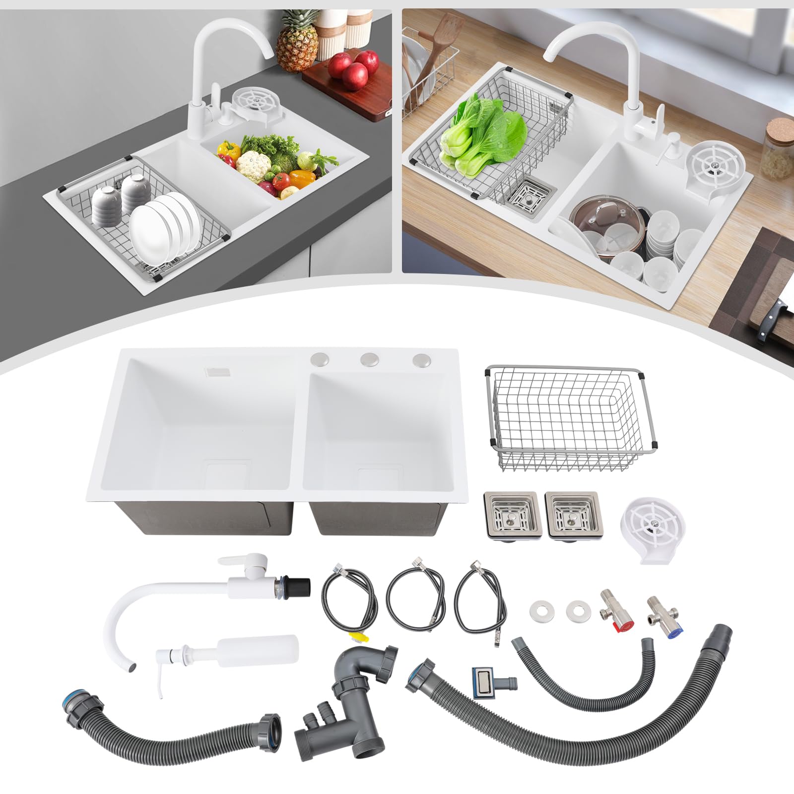 Lavello da cucina in acciaio inox 304, con 2 vasche, rubinetto dell'acqua calda e fredda girevole a 360°, accessori completi, lavello da cucina, lavello da cucina, lavello da cucina