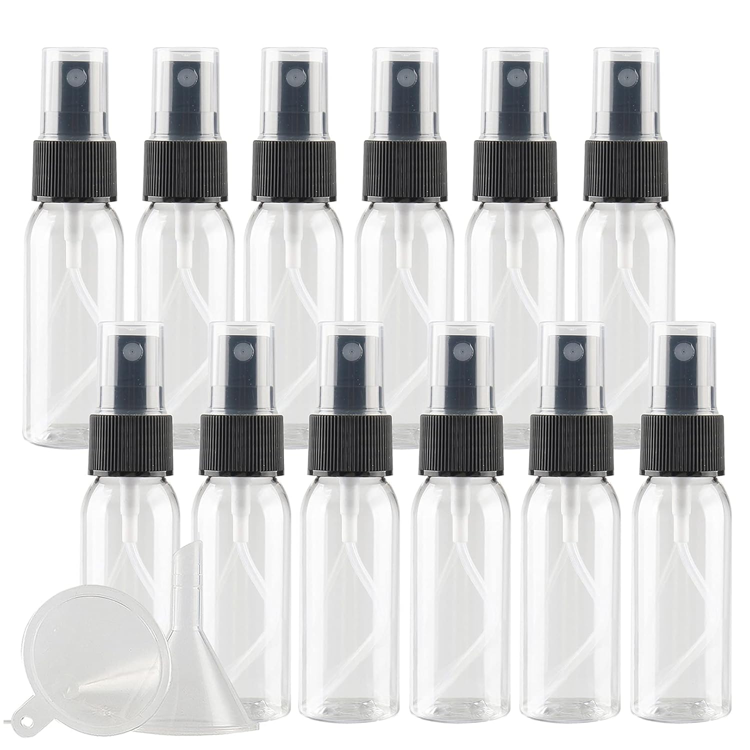 100 Pcs Empty 30ml 1oz Clear Plastic PET Fine Mist Pump Spray Bottles with Black Sprayer for Cosmetic Perfume Water-Based Products Refillable Travel Portable Containers, 2x Funnels