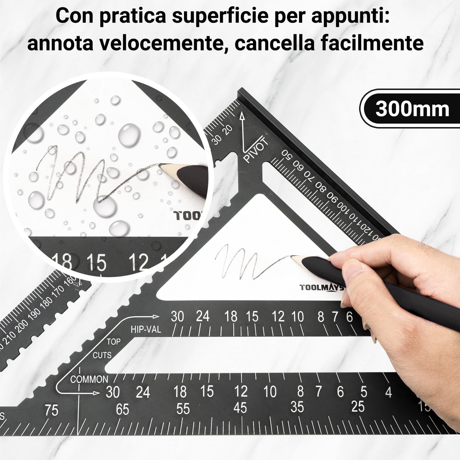 Squadra da falegname Set 180mm & 300mm, goniometro di precisione con zona per appunti cancellabile, squadre in alluminio da 45 e 90 gradi per disegnare, misurare e controllare con precisione