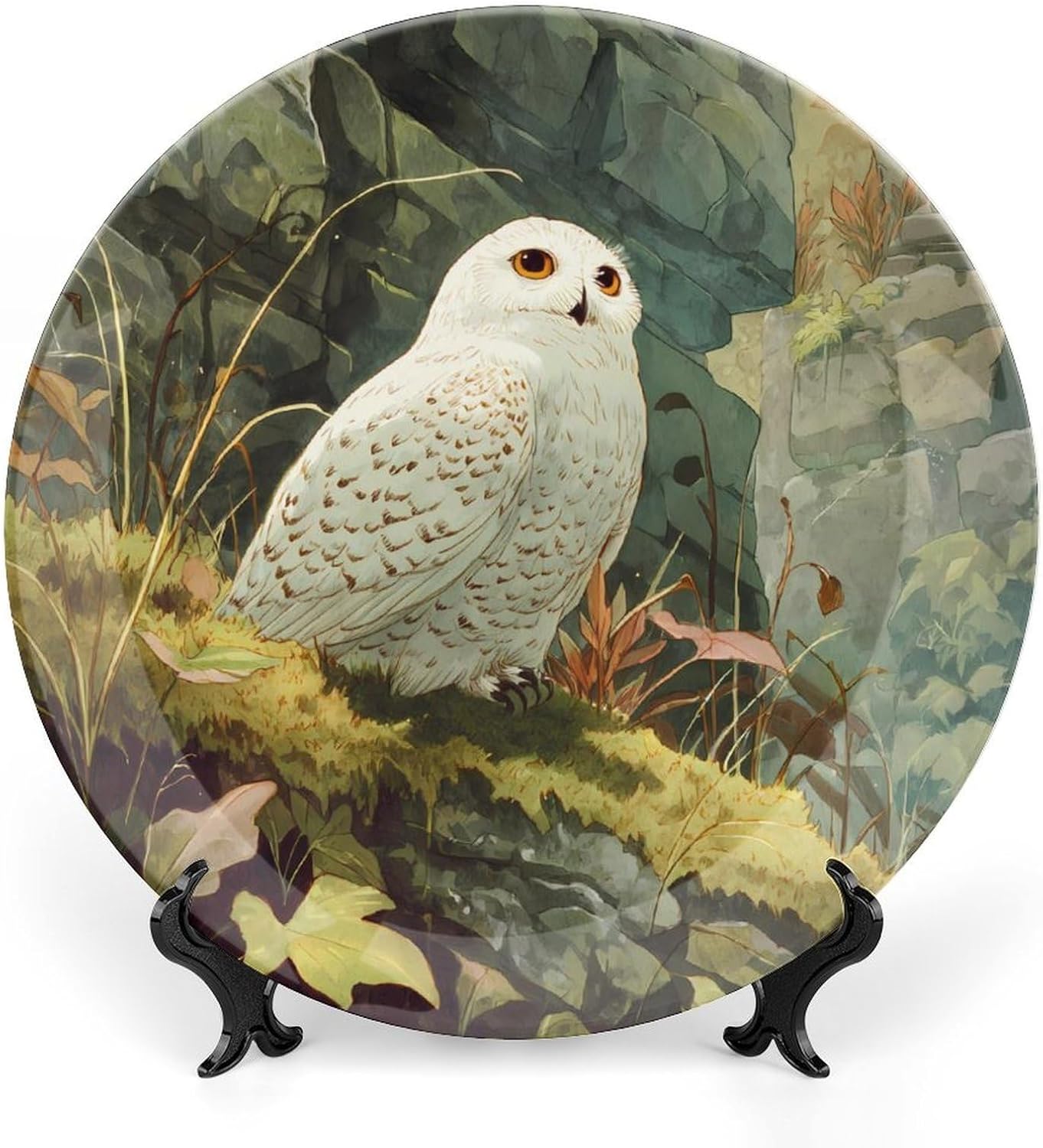 White Owl Animals World Decorative Plates for Display Ceramic Plate Tray with Stand Hanger Home Decor