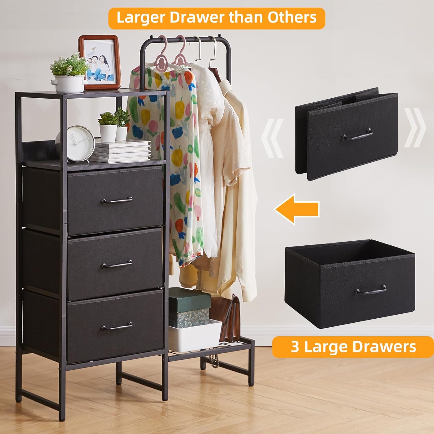Clothes Rack with Shelves and Hanging Rod, 3 Drawers Small Coat Hanger, Reversible Clothes Rack, Black YD-TM081B