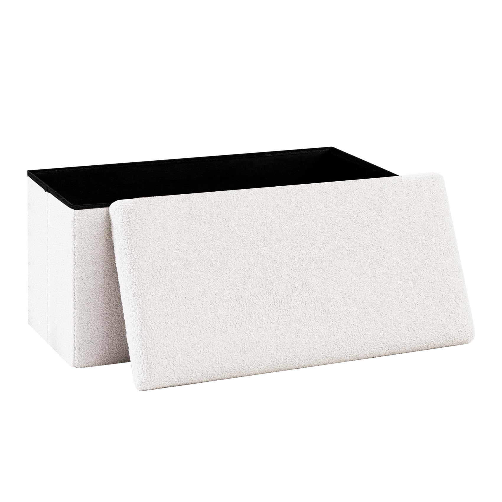 PINPLUS Panca Contenitore Pieghevole in Tessuto Peluche, Puff con Ampio Vano, Poggiapiedi Comodo per Camera, Salotto e Ingresso, 76.5x38x38 cm, Bianco