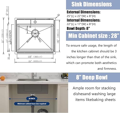 Vista 40 de Fregadero de cocina negro de 21 x 20 pulgadas, fregadero de barra descendente, fregaderos cuadrados de acero inoxidable para estación de trabajo