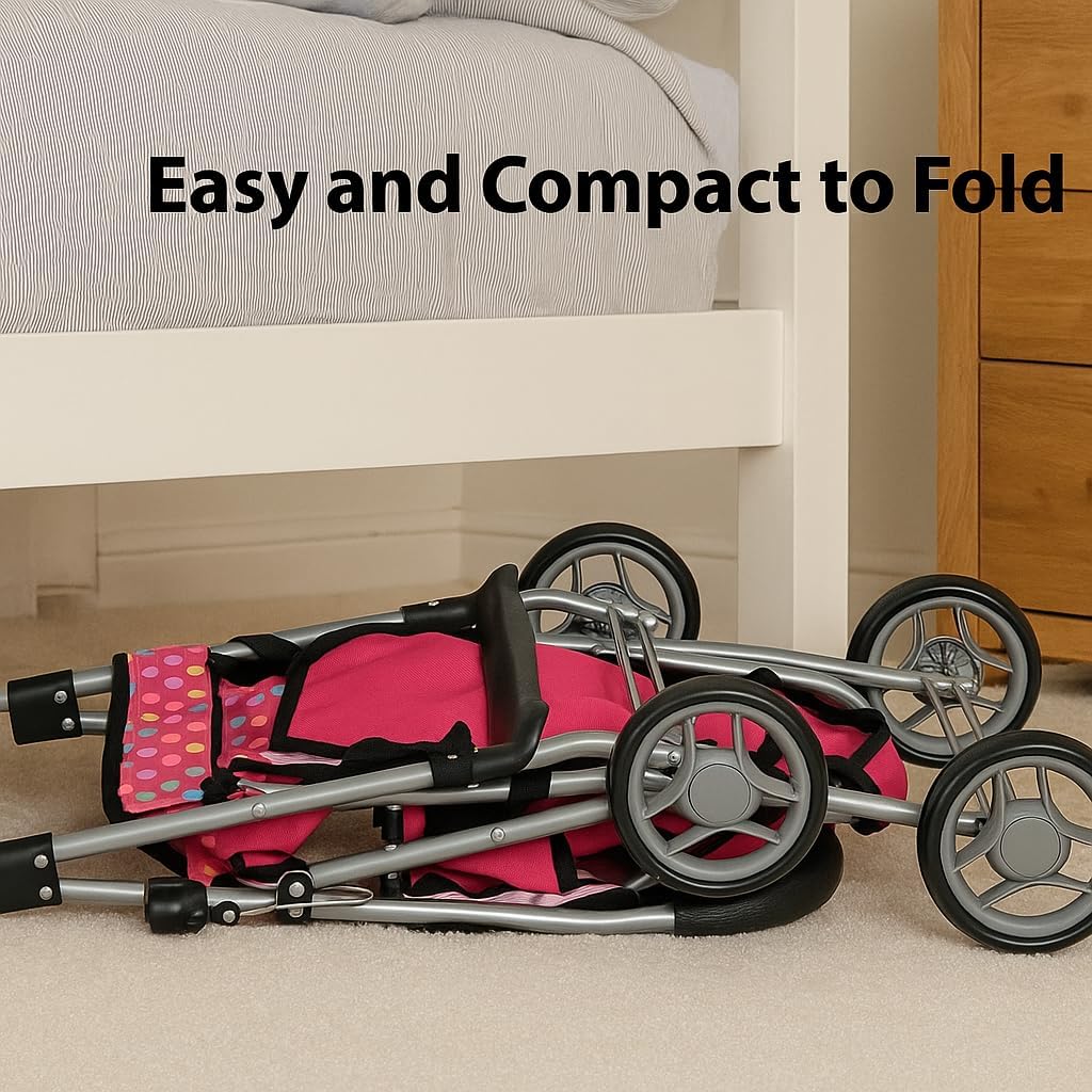 Exquisite Buggy, Twin Doll Stroller with Diaper Bag and Swivel Wheels & Adjustable Handle - Pink & Polka Dot Design