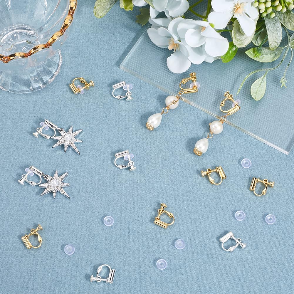 Beebeecraft 20Pcs 2 Colors Clip On Earring Converter Screw Back 18K Gold & Sterling Silver Plated Brass Clip-on Earring Findings Components with 30Pcs Pads for Non-Pierced Ears DIY Jewelry Making