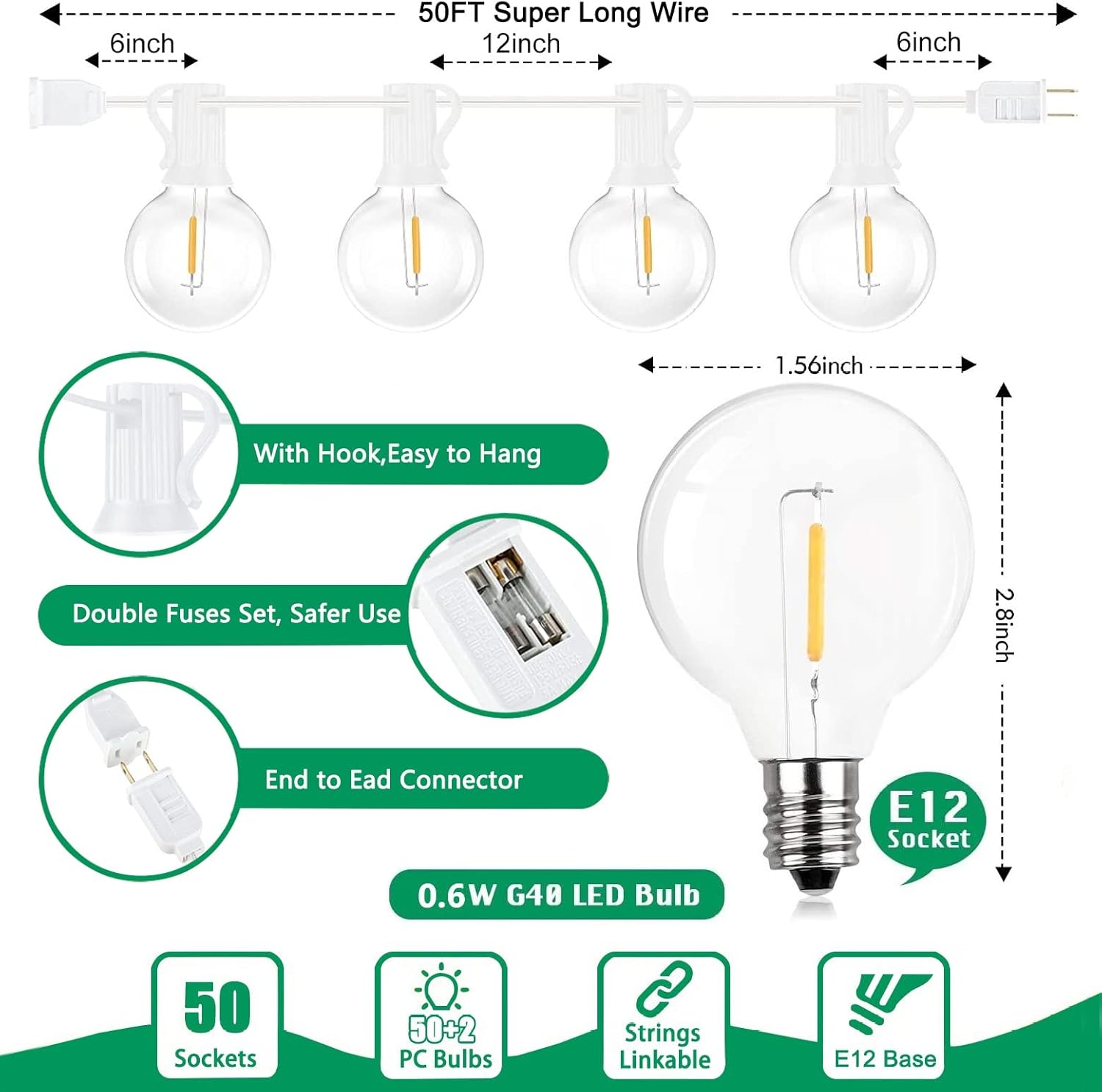 Abeja LED Outdoor String Lights, 50FT G40 Patio String Lights with 52 Dimmable Shatterproof Bulbs, Waterproof Backyard Outdoor Hanging Lights for Backyard, Bistro, Porch, Deck Decor