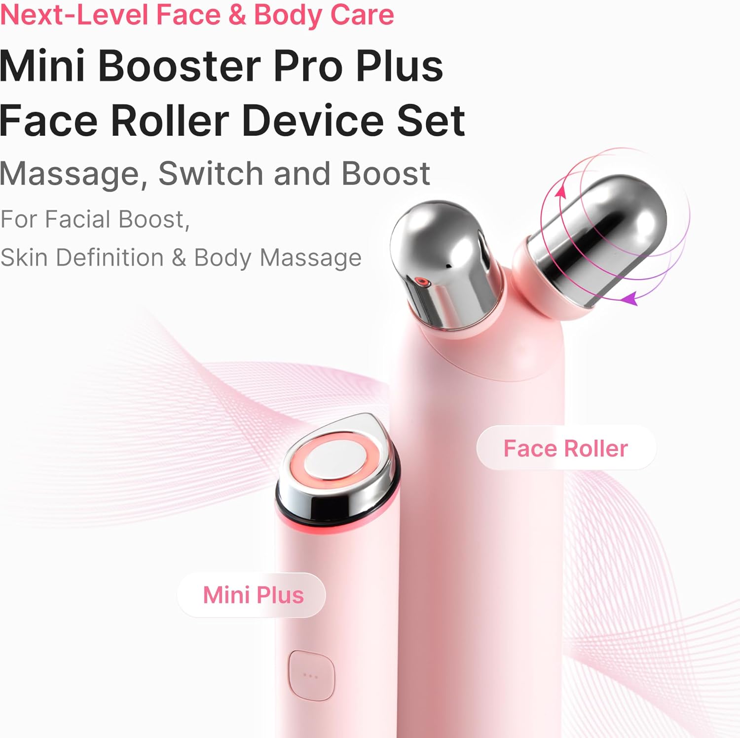 medicube Mini Booster Pro Plus Face Roller Device Set | 2-in-1 Massage & Skincare Device | Jawline Care & Depuffing | Face & Body Massager with 3 Vibration Modes | Korean Facial Device, Pink