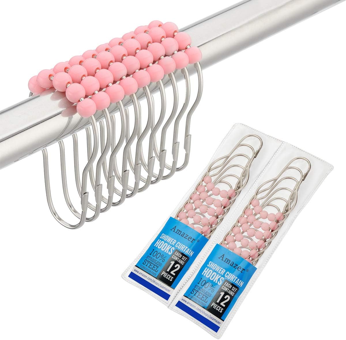 Amazer 2 Pack Shower Curtain Hooks Rings, Stainless Steel Rust-Resistant Shower Curtain Rings and Hooks-Set of 24-Pink