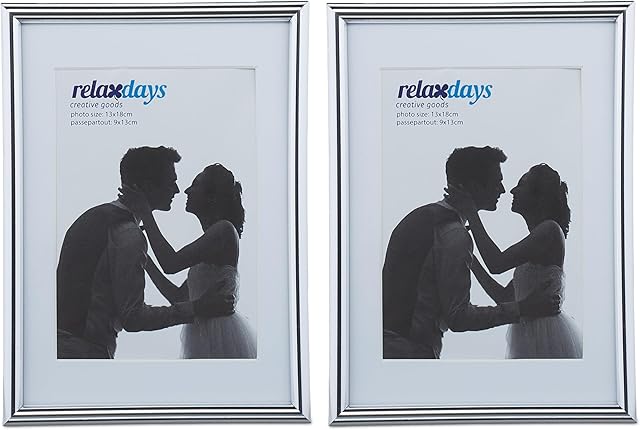 Relaxdays Ramka na zdjęcia zestaw 2-częściowy, 13x18 cm, passe-partout 9x13 cm, szklana szyba, ramka na zdjęcia do postawienia i zawieszenia, srebrna