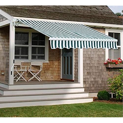 Diensweek 8'x7' Patio Awning Retractable Fully Assembled, Manual Commercial Grade - Quality 100% 280G Ployester Window Door Sunshade Shelter - Deck Canopy Balcony P100 Series (Green/White Stripes)