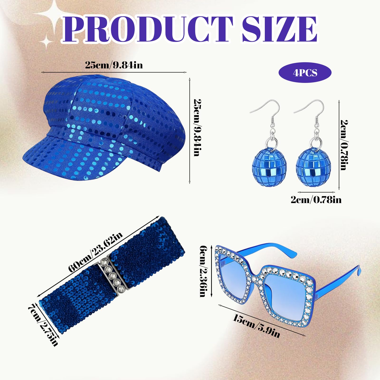 4PCS Abba Accessories for Women, 70s 80s Fancy Dress Costume Set with Blue Sequin Hat, Funky Sunglasses, Disco Ball Earrings and Belt, Halloween Christmas Party Outfits age 14+ (blue) - Image 2