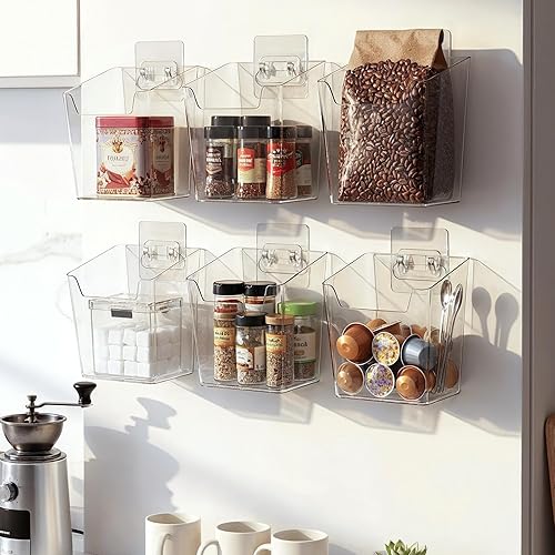 Miniatura 5 de 6 cubos de almacenamiento de pared adhesivos transparentes, soportes organizadores de puertas de gabinete pequeños, bolsillos colgantes de montaje