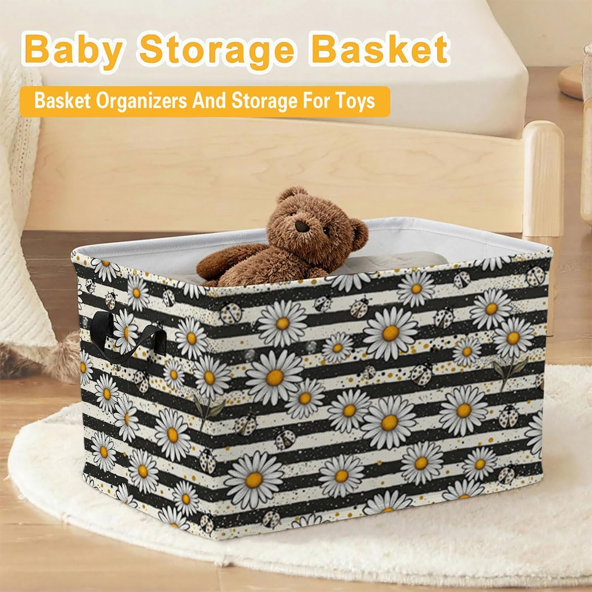 Daisies and Ladybugs Laundry Hamper, 56L Large Foldable Laundry Basket with Handles, forClothes, Toy Storage Bin, Blankets,Decorative Organizer for Shelves & Closet Home Decor Bedroom & Nursery