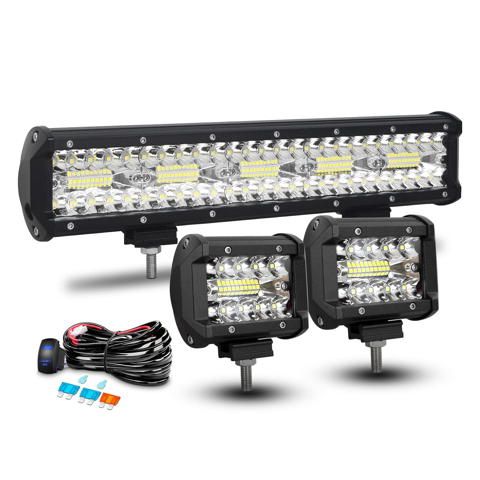 RIGIDON 8D 38cm 15 pollici 300W Barra Led con 12V Cablaggio, 2pcs 10cm 60W Faretti Fendinebbia, Fari da Lavoro Led Barra Luminosa a Led per 4x4 Fuoristrada Auto Trattore Camion ATV Barca