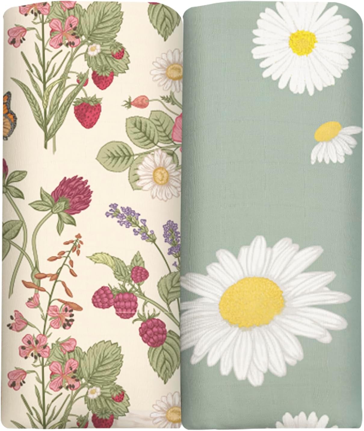 BabyWhale Swaddle Blankets for Baby Girl, 2-Pack Super Soft Viscose Bamboo Cotton Muslin Swaddles Blankets (Large 47" x 47"), Floral & Little Daisy Pattern, Newborn Baby Registry