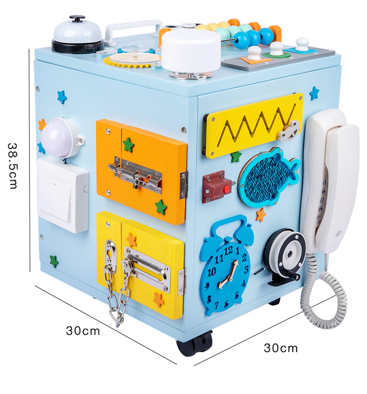 Tavola attività Montessori Busy Cube, Giocattolo Sensoriale in Legno per Bambini, Scatola Busy Multifunzionale,Blu