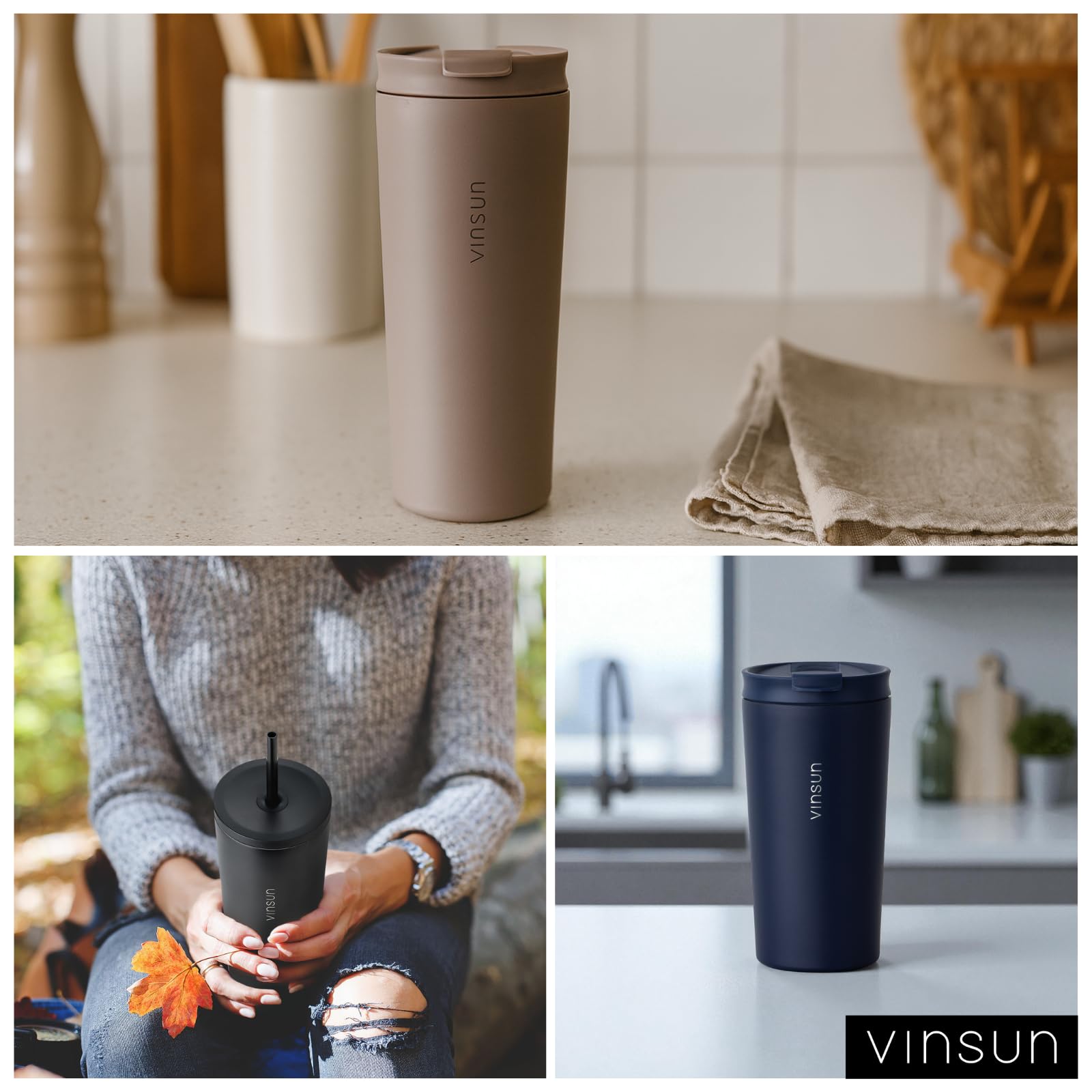 VINSUN Tazza Termica con Cannuccia 480ml - Acciaio Inox, Prova di Perdite, Isolamento a Doppia Parete, Leggera - Termos Caffè Due Coperchi per Viaggio