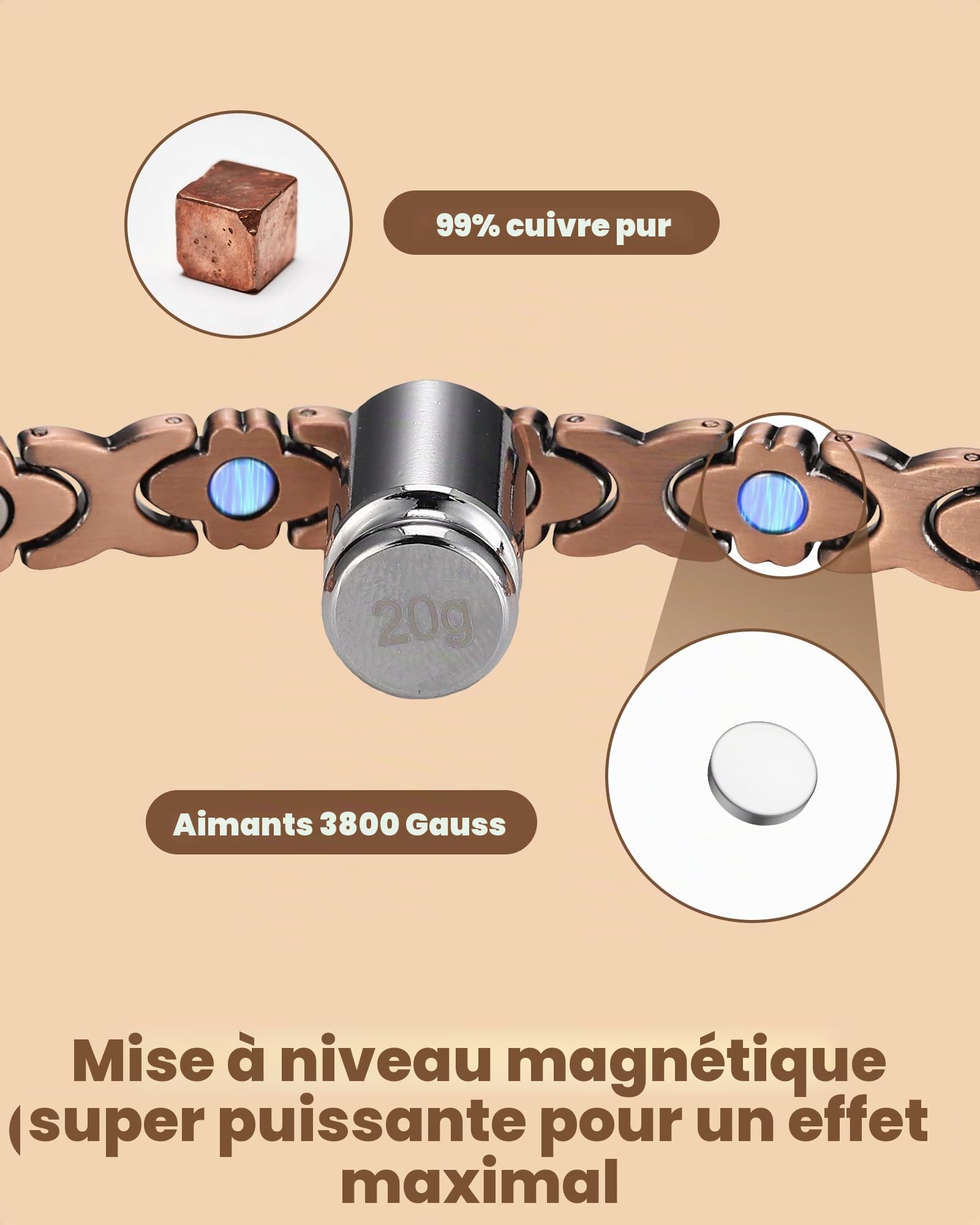 Jeracol Bracelet en cuivre pur pour femme, bracelet magnétique ultra résistant avec aimants en néodyme et oxyde de zirconium étincelant, réglable, bijou trèfle porte-bonheur