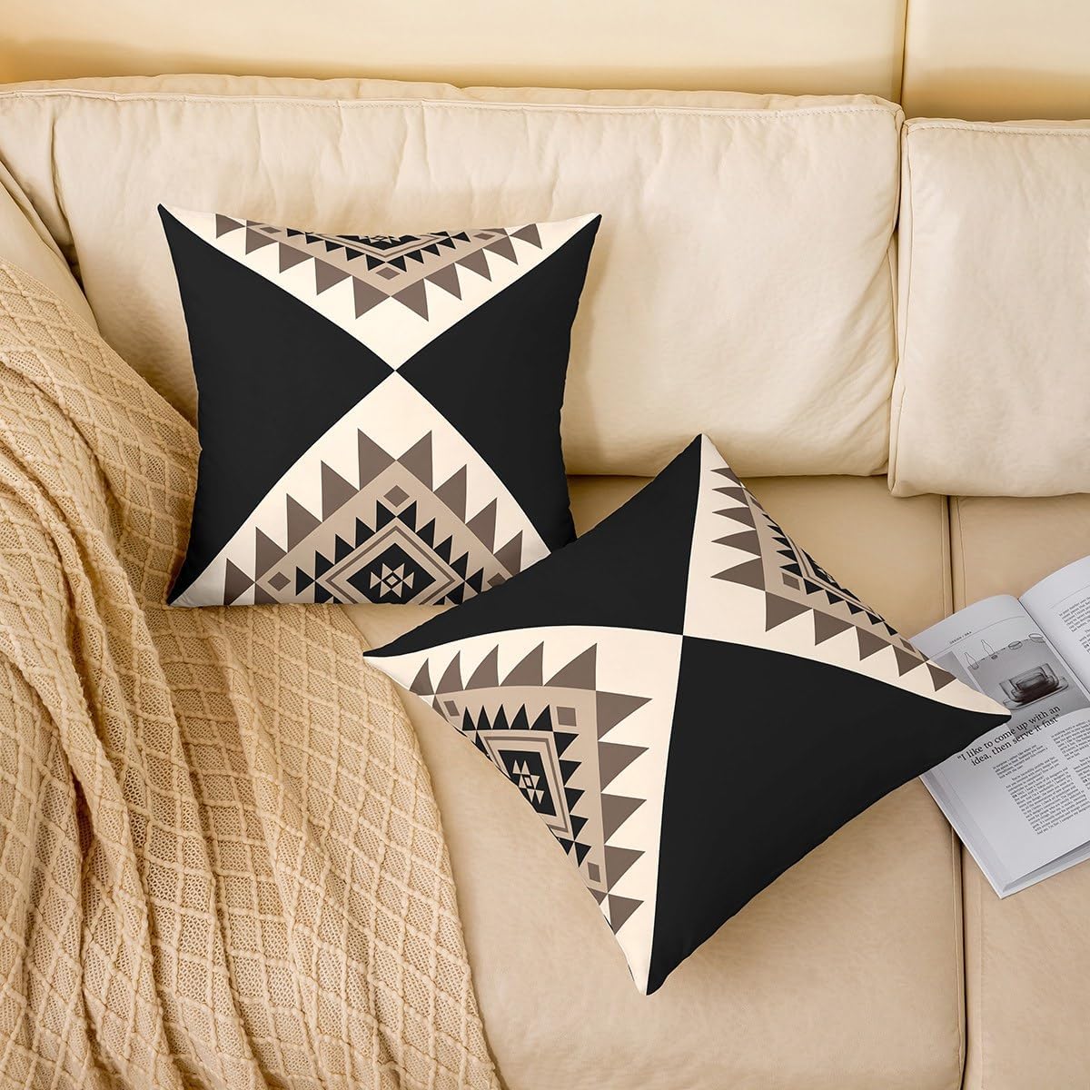 Erosebridal Pack of 2 Black Beige Abstract Throw Pillow Covers Modern Boho Western Aztec Pillow Covers Geometric Stripes Cushion Cases Minimalist Stylish Art Southwestern Decor,22x22 Inch