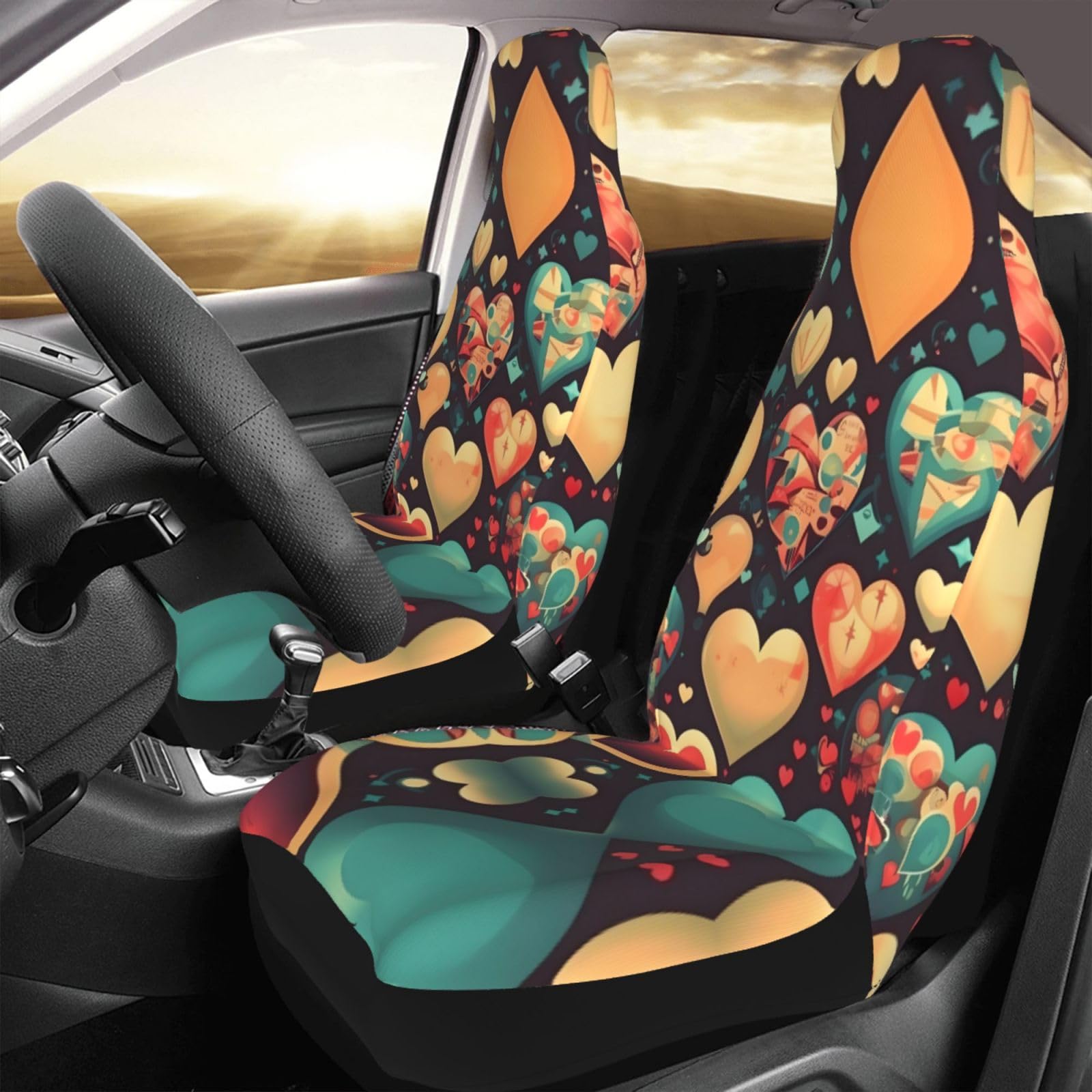 INSTANTARTS Colorful Heart Love Car Seat Covers 4-Piece Set - High Back Stretch Bucket Seat Covers For Front & Rear