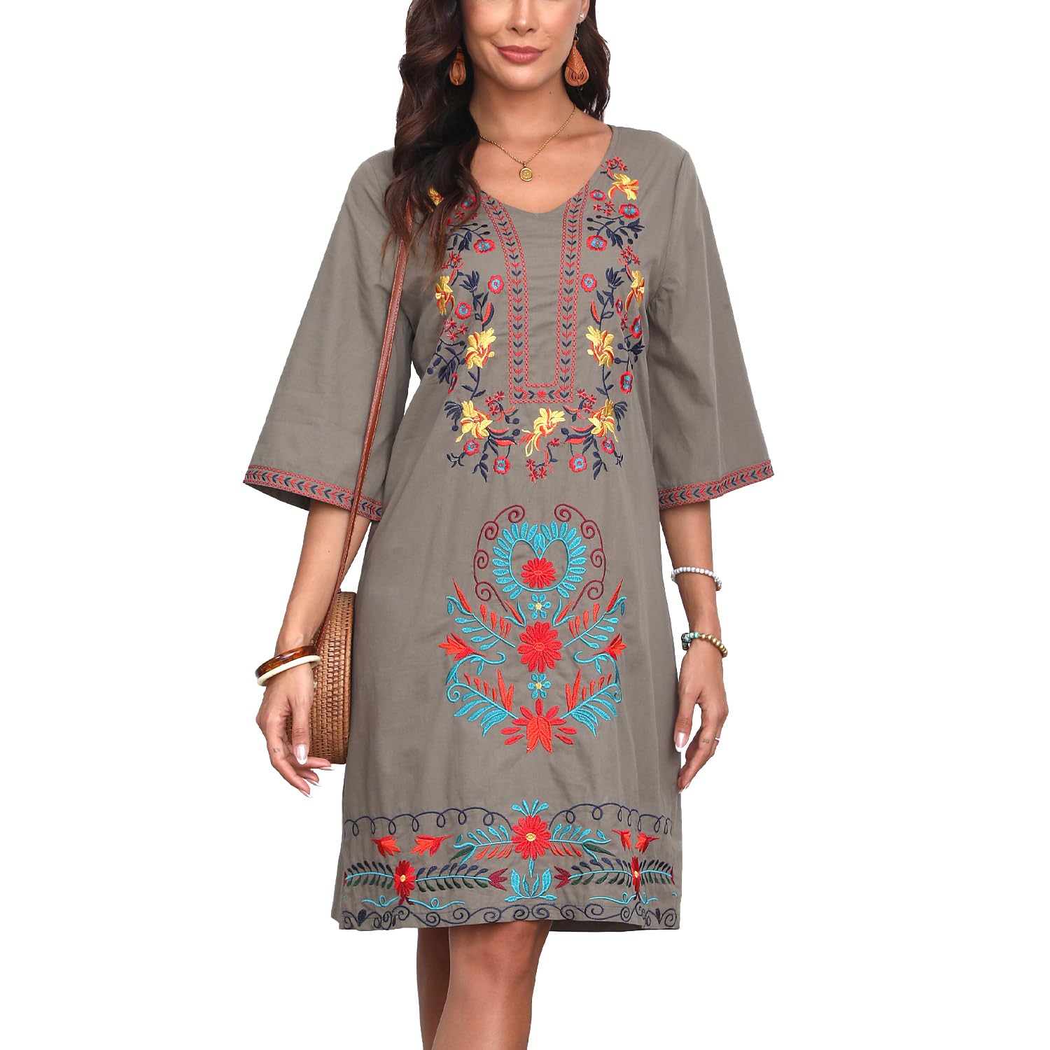 Vakakado Damen V-Ausschnitt Elegantes Stickerei Dress 3/4 Är