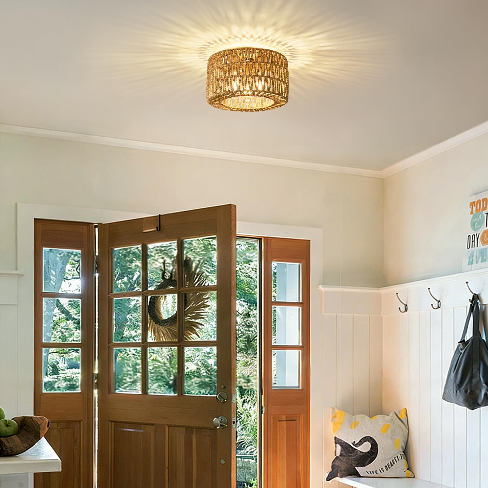 Qamra Deckenleuchte Boho Gold,3-flammige Rund Rattan Lampenschirm,Deckenlampe Rustikal Vintage E27, ohne Leuchtmittel,32cm für Schlafzimmer Wohnzimmer Esszimmer Küche Flur