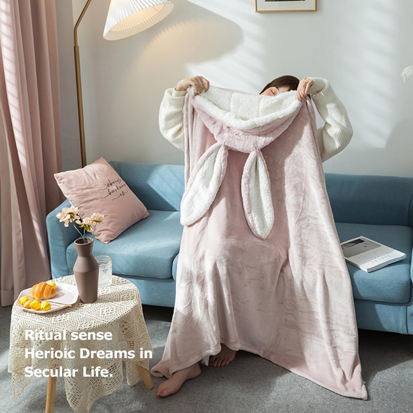 Coperta creativa con cappuccio a forma di coniglio, mantello in caldo pile, morbido e accogliente, comodo copriorecchie di animale, comodo per compleanno, sicuro da indossare per donne, bambini