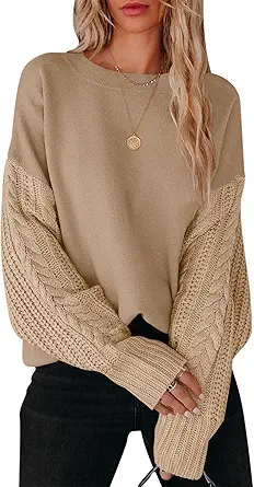 ANRABESS Women's 2023 Trendy Sweaters Long Sleeve Crewneck Cable Knit Pullover Oversized Casual Chunky Tops